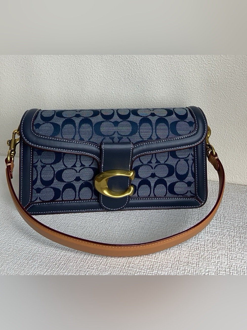 Coach Navy Signature Canvas Shoulder Bag with Tan Strap and Gold 'C' Clasp